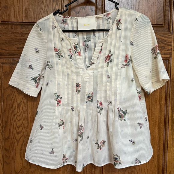 Maeve White Floral and Polka Dotted Pleated Blouse | size 4 - Picture 1 of 6